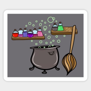 Cartoon Potions, Cauldron, and Broomstick, made by EndlessEmporium Sticker